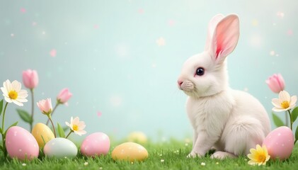 Cute pastel Easter bunny banner with eggs and spring flowers, perfect for party decorations , decoration, bunny ears