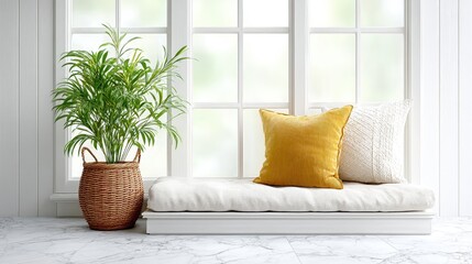 Cozy window seat with plants and cushions