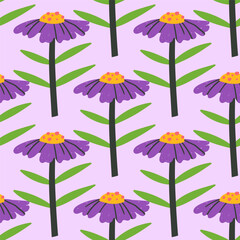 Bold positive and bright floral seamless pattern, hand drawn background with funny naive flowers, textile or fabric print vector illustration