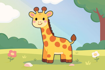 Cute cartoon giraffe in the grass vector illustration