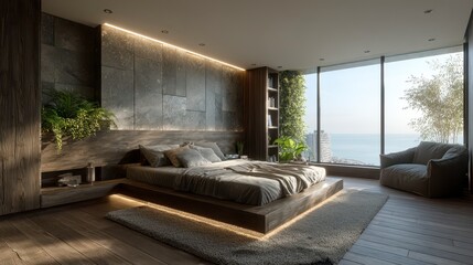 Naklejka premium Serene Coastal Bedroom Modern Minimalist Design Ocean View Luxury Interior