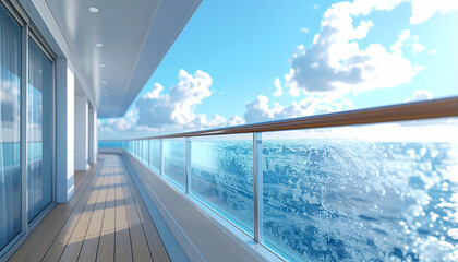 Fototapeta premium Luxury Balcony View: A captivating balcony on a cruise ship offers breathtaking views of a vibrant blue ocean under a clear, cloud-dusted sky. The deck evokes tranquility and freedom.