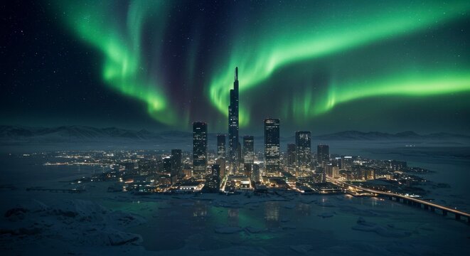 Arctic city skyline under a vibrant aurora borealis