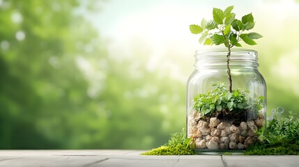 Tiny Tree Growing in Glass Jar Symbolizing Controlled Conservation Efforts   Isolated on White Background with Minimal Botanical and Natural Elements