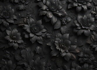 Luxurious black charcoal floral wallpaper with embossed textures  ,  high-resolution,  interior design