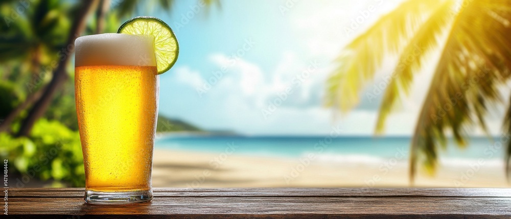 Poster refreshing beer on tropical beach getaway close up shot with lime slice and palm tree background sum