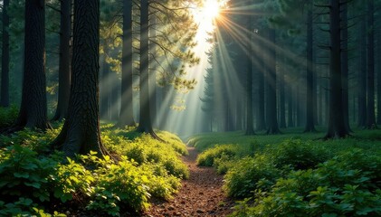 Obraz premium Dense coniferous forest, sun-dappled undergrowth, cedar, needles, wild