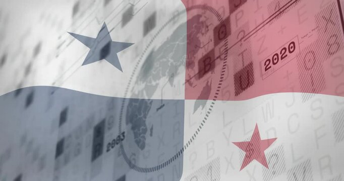 Flat design Panama flag being animated in scene with star icons and data overlay over globe