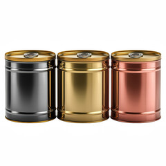 Collection of Metallic Containers in Gold, Silver and Copper Colors Isolated on a Transparent Background