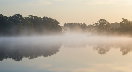 Fototapeta premium Misty morning over a calm lake, with trees on the shore