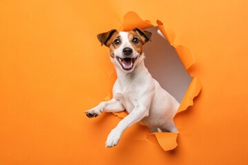 Funny jack russell terrier comes out of a paper orange background tearing it - generated by ai