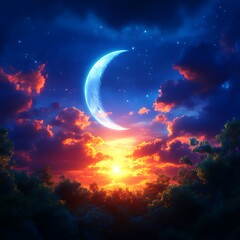 Crescent moon, vibrant sunset, starry night, tranquil scene. Lush trees at horizon