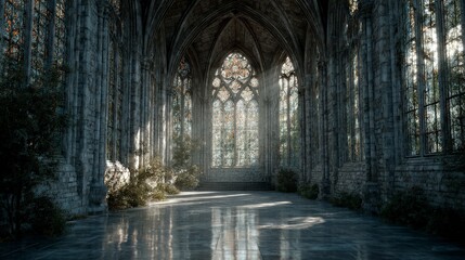 Naklejka premium Gothic Cathedral Interior Sunlit Stained Glass Stone Architecture Ruins Plants