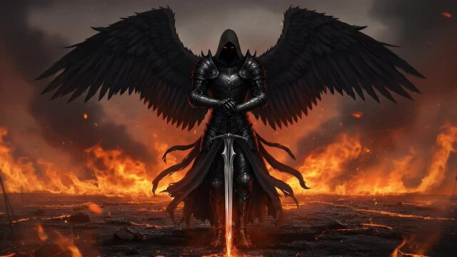 Dark Armored Angel Standing with Fiery Sword