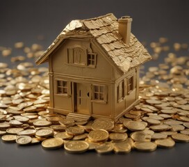Small house model rests on gold coins, clean background, miniature, deposit, economy