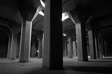 Massive concrete pillars in an underground cavern