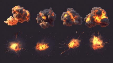 Explosions in Stages with Smoke and Sparks on Dark Background Studio Shot Close Up Fireball