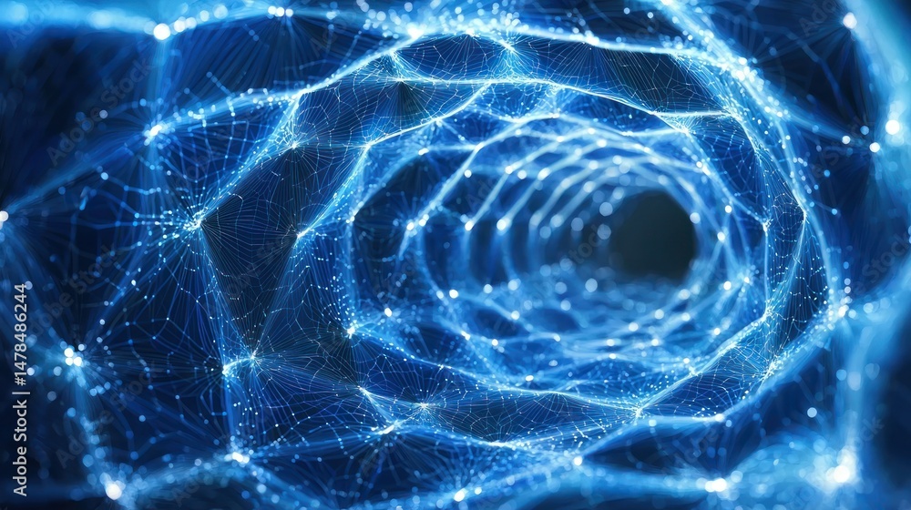 Poster glowing blue network forms a tunnel-like structure