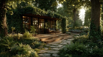 Tranquil Garden Retreat  Sun Drenched Deck  Lush Greenery  Modern Cabin