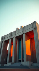 Obraz premium A monumental brutalist government building from the late 1970s, designed with massive cantilevered concrete volumes and sculptural voids, rising against a clear sky. created by generative ai