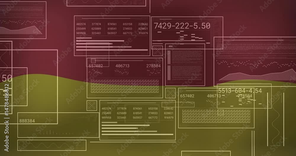 Poster animated interface showing data panels with tables and charts floating over maroon wavy backdrop