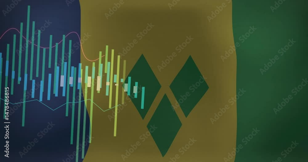 Poster abstract data visualization animating multicolored bars and geometric diamonds in flat design scene