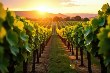Golden hour sunlight bathes rows of lush California grapes, ready for harvest Vineyard landscape, agricultural scene , crop, scenery