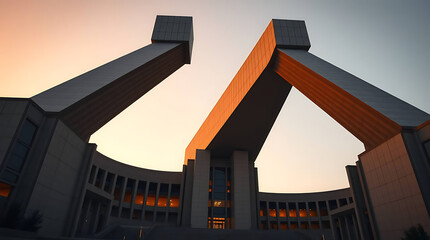A monumental brutalist government building from the late 1970s, designed with massive cantilevered concrete volumes and sculptural voids, rising against a clear sky. created by generative ai