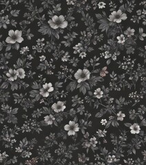 Delicate charcoal floral wallpaper, tiny flowers & leaves pattern, white, light