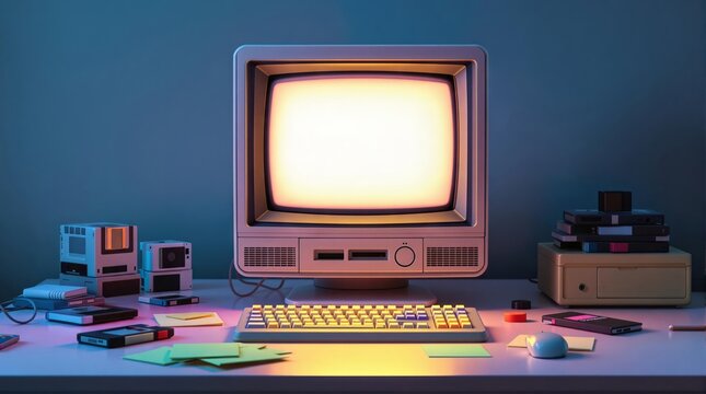 Retro computer setup with a CRT monitor on a desk, surrounded by plants and office items, against a pink background. Nostalgic 80s/90s tech workspace.