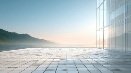 Modern Glass Building  Calm Lake  Mountain View  Minimalist Architecture Landscape