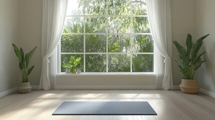 Fototapeta premium Empty yoga with large window and plants.