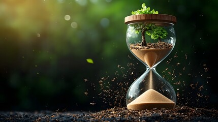Time running out to save the forests   An hourglass with a miniature forest contained within symbolizing the urgency of environmental conservation and the fragility of our natural ecosystems