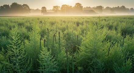 Serene misty sunrise over expansive green field with dew-kissed foliage framed by distant trees and hazy buildings in the background