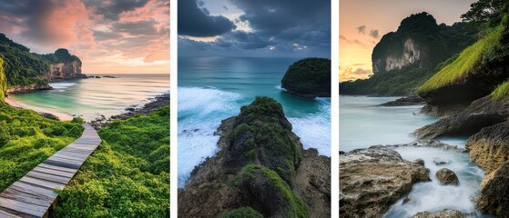Three Tropical Coastal Scenes Showcasing Lush Greenery and Dramatic Cliffs at Different Times of Day