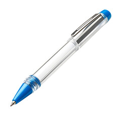 Naklejka premium Transparent ballpoint pen with blue ink, isolated, plain white background 