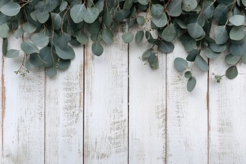 Fresh eucalyptus sprigs on distressed white wood (1)