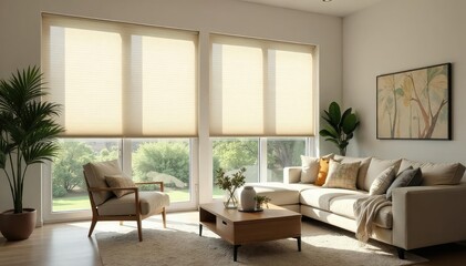 Fototapeta premium Modern cellular shades provide privacy and light control in a bright living room , window dressing, window covering, home