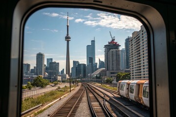 Fototapeta premium The image showcases a view of Torontos skyline, featuring iconic towers, framed by a train window, with tracks leading away into the city - generated by ai