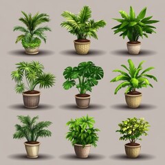 Fototapeta premium Collection of Potted Plants in Wicker Baskets Studio Shot of Tropical Foliage Decorative Houseplants