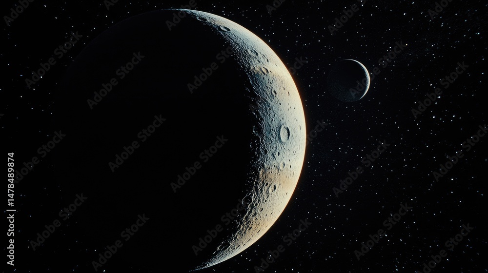 Poster a celestial view of a large, shadowed celestial body and a smaller moon in deep space.