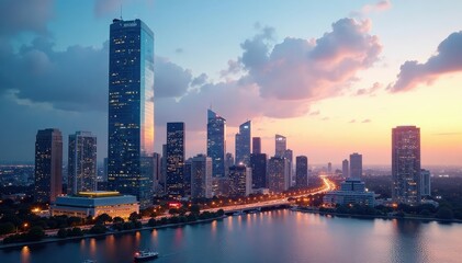 Fototapeta premium Modern glass skyscraper downtown, reflecting city skyline , real estate, glass