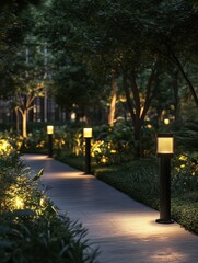 Fototapeta premium Illuminated path at twilight in lush garden setting with modern bollard lights creating warm ambiance in park