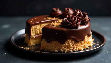 Decadent Chocolate Cake Dessert with Peanut Butter Crumble and Ganache Rose Garnish