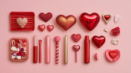 A charming valentine flatlay featuring heart love romantic flatlay and gift items arranged for a seasonal greeting. AI generative