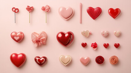 A charming valentine flatlay featuring heart love romantic flatlay and gift items arranged for a seasonal greeting. AI generative