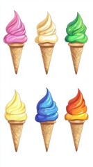 Colorful Ice Cream Cones Illustration on White Background; Eye-Level Close-Up of Assorted Flavors and Waffle Cones