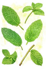 Fresh Mint Leaves Floating on White Background, Overhead Shot, Close Up, Artistic Illustration, Bright Green, Healthy Ingredient