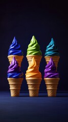 Colorful ice cream cones close up studio shot on dark blue background sweet treat dessert food photography