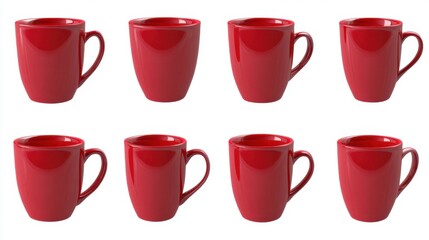 Eight Red Mugs Arranged on White Background Studio Shot Modern Style Kitchenware Drinkware Coffee Tea Beverage Container